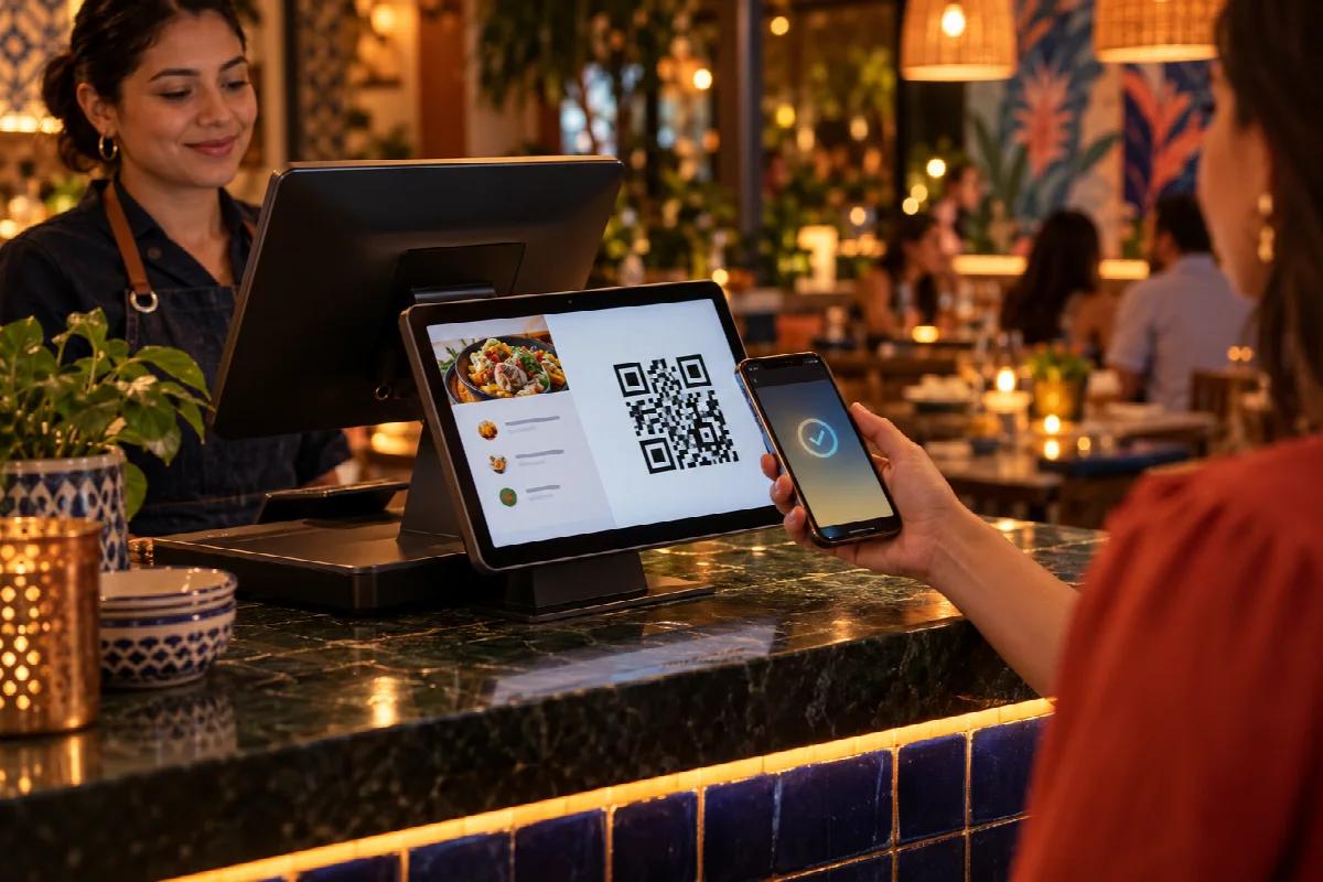 Ilustración conceptual: Pantalla del cliente y pago QR